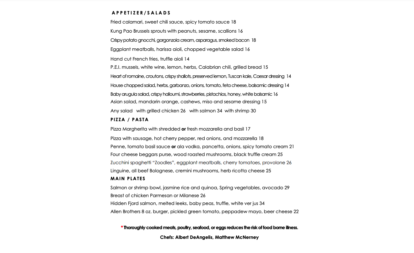 Terra Danbury Restaurant Menu